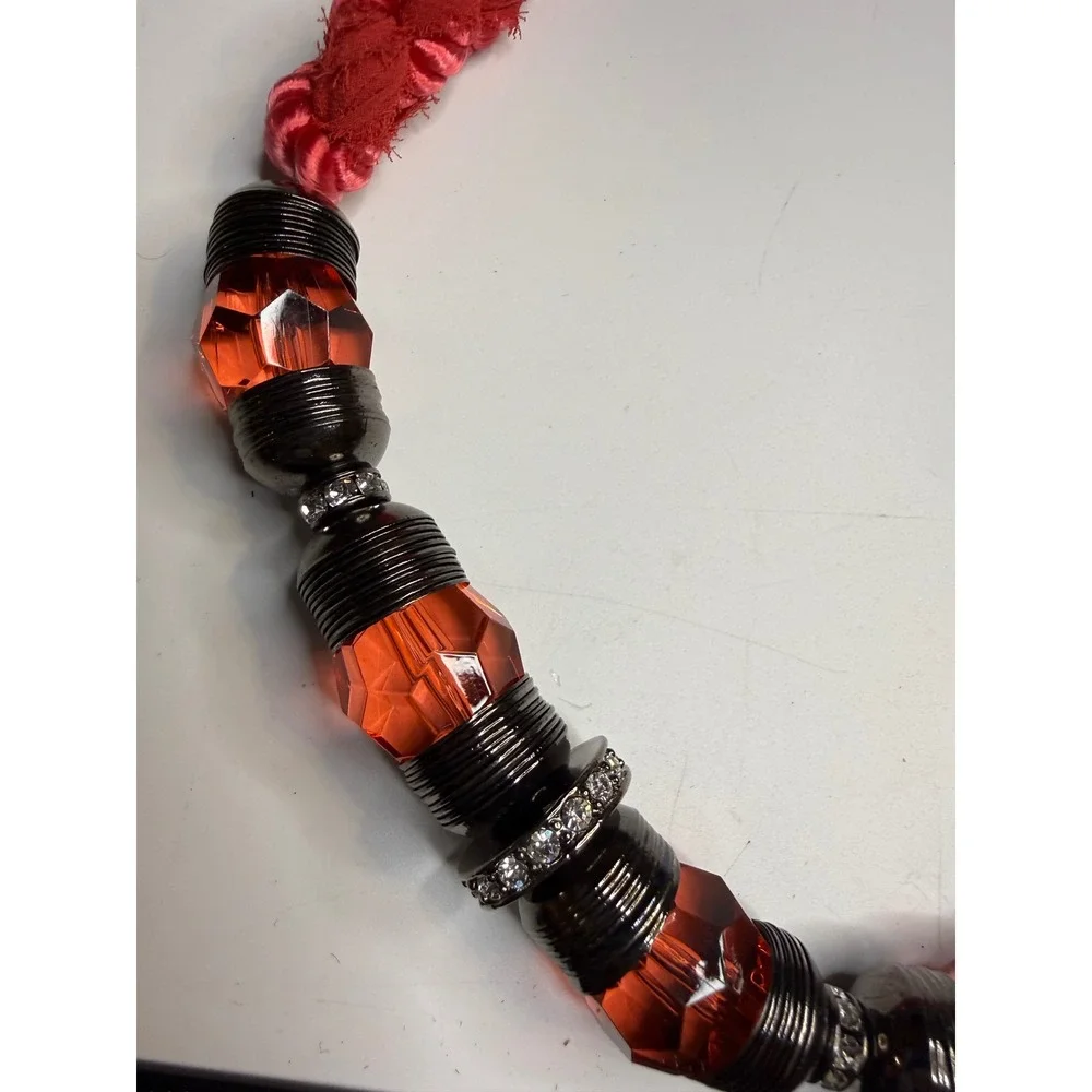 Cara New York Red Braided Fabric Orange Faceted Bead Statement Necklace NE-10609